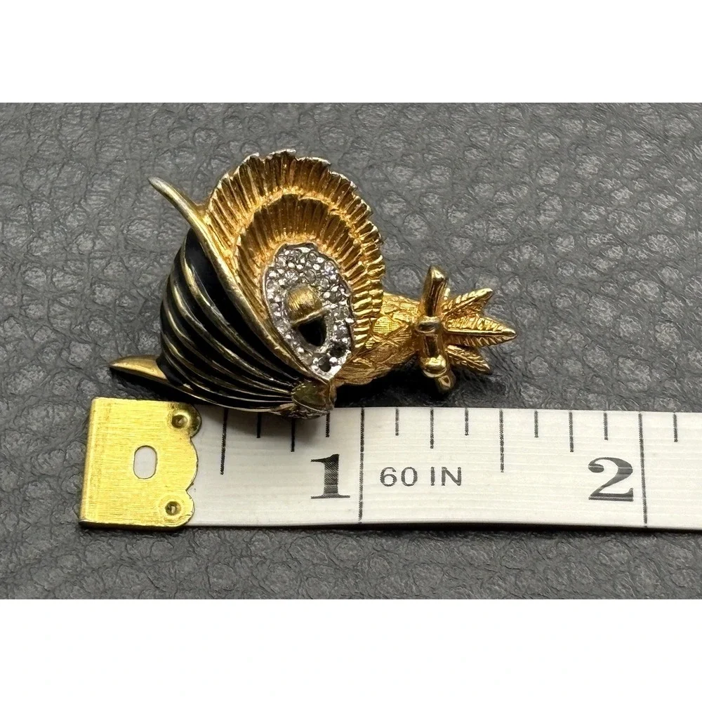 Vintage Jomaz Owl Rhinestone Black Enamel Brooch Pin Gold Tone READ